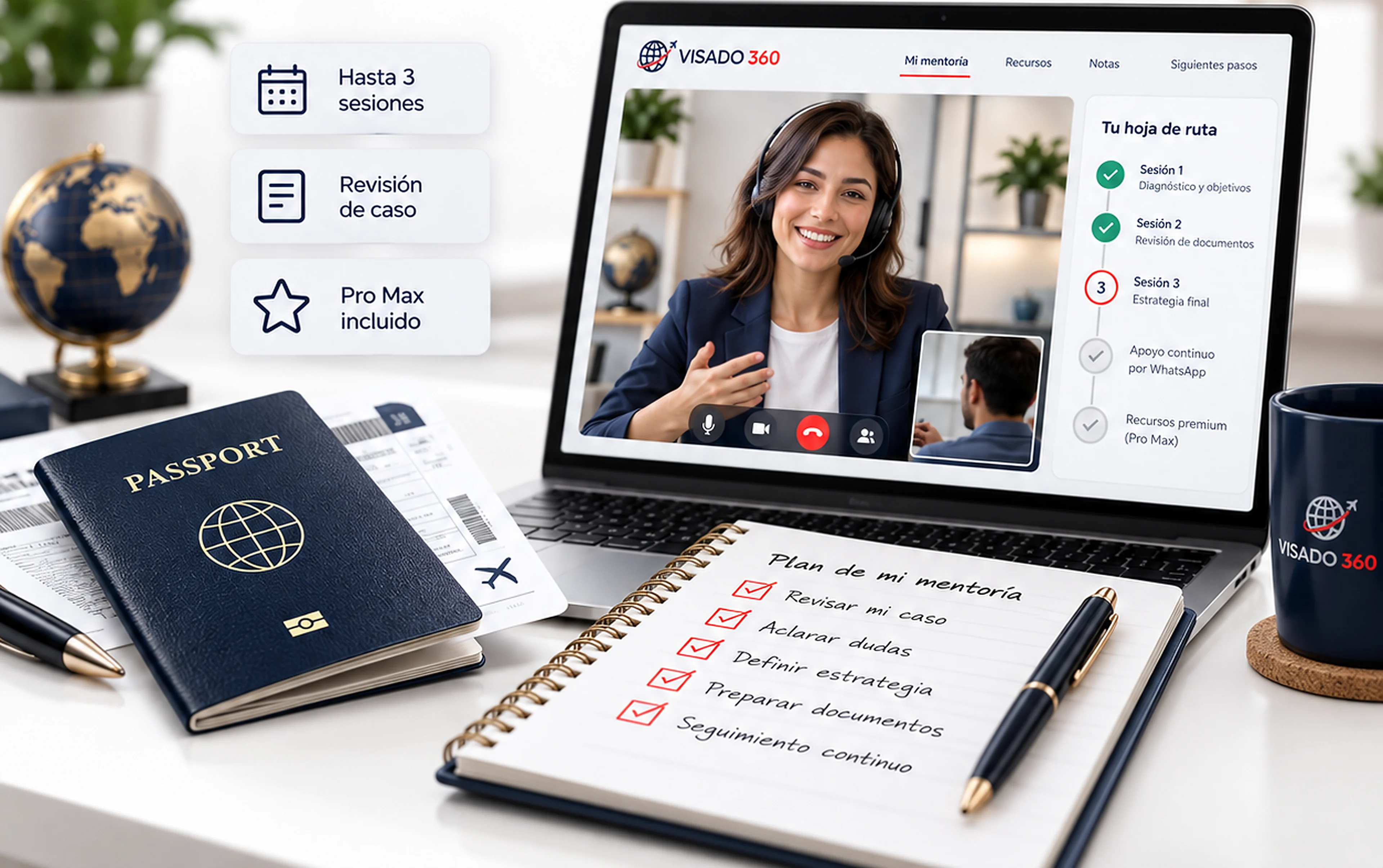 Laptop con una videollamada uno a uno y, al lado, un pasaporte y un plan de sesiones escrito a mano.