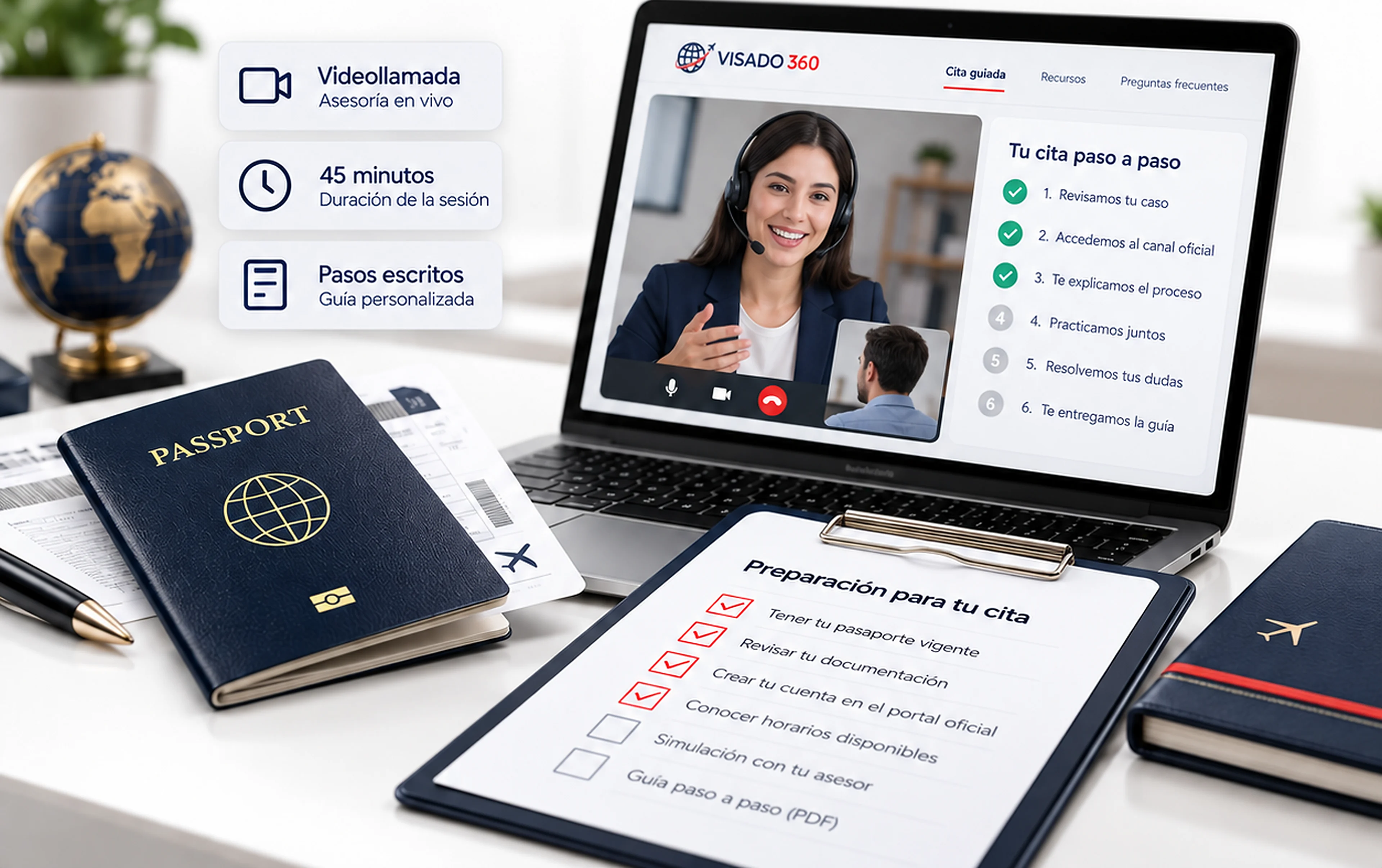 Laptop con una videollamada de orientación y, al lado, un pasaporte y una lista escrita de pasos.