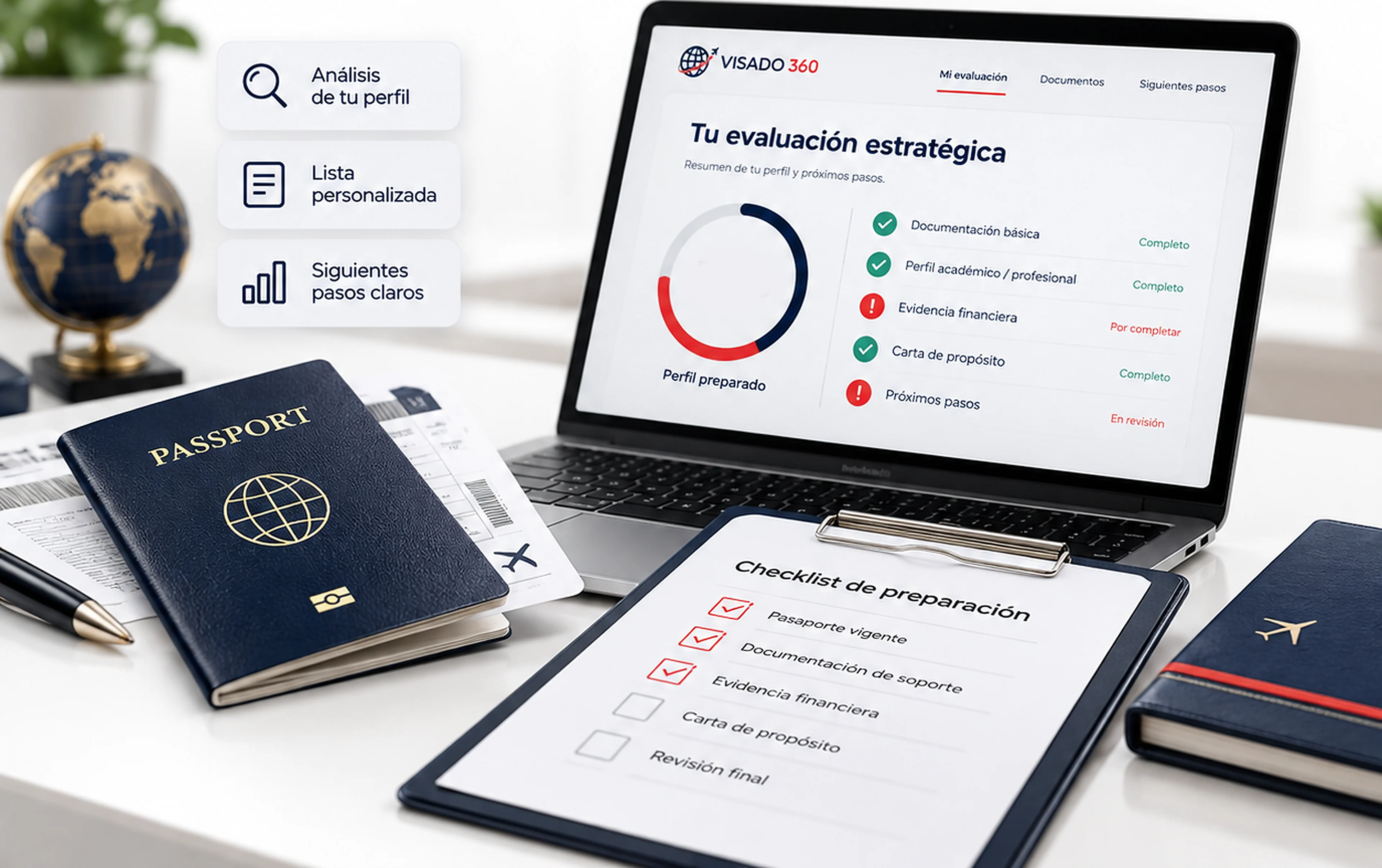 Laptop con una evaluación de preparación en pantalla, junto a un pasaporte y una lista de verificación de documentos.