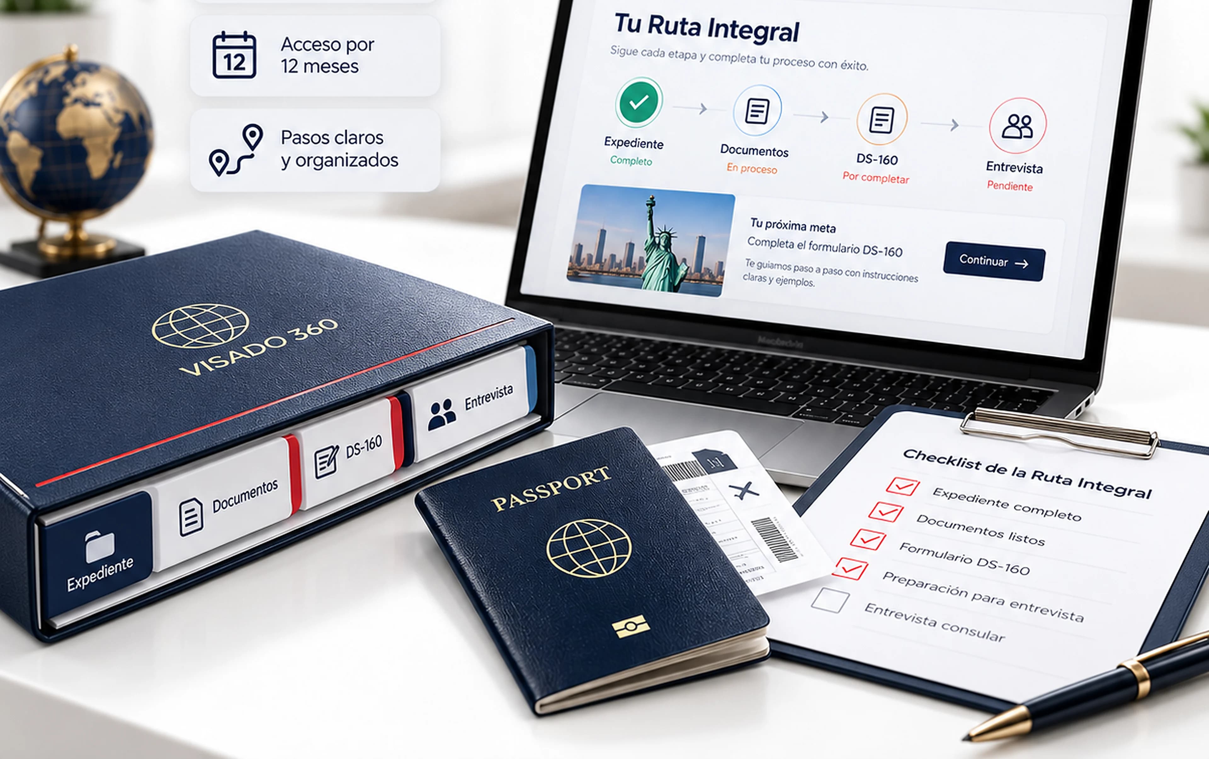 Carpeta de expediente con separadores de documentos, DS-160 y entrevista, junto a una laptop con la ruta de preparación y un pasaporte.