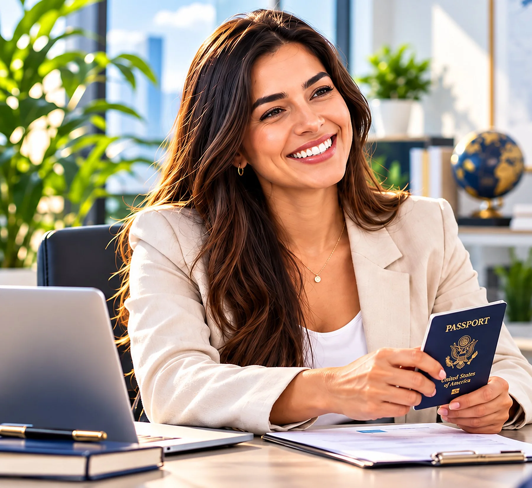 Imagen ilustrativa: una asesora sonríe en su escritorio con un pasaporte en la mano.