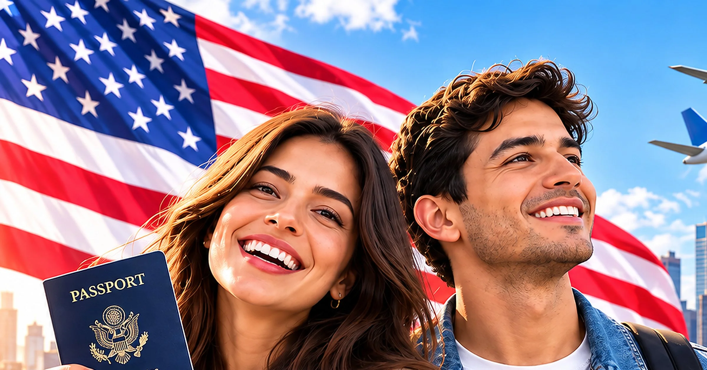 Imagen ilustrativa: una pareja joven sonríe frente a la bandera de Estados Unidos; ella sostiene un pasaporte.