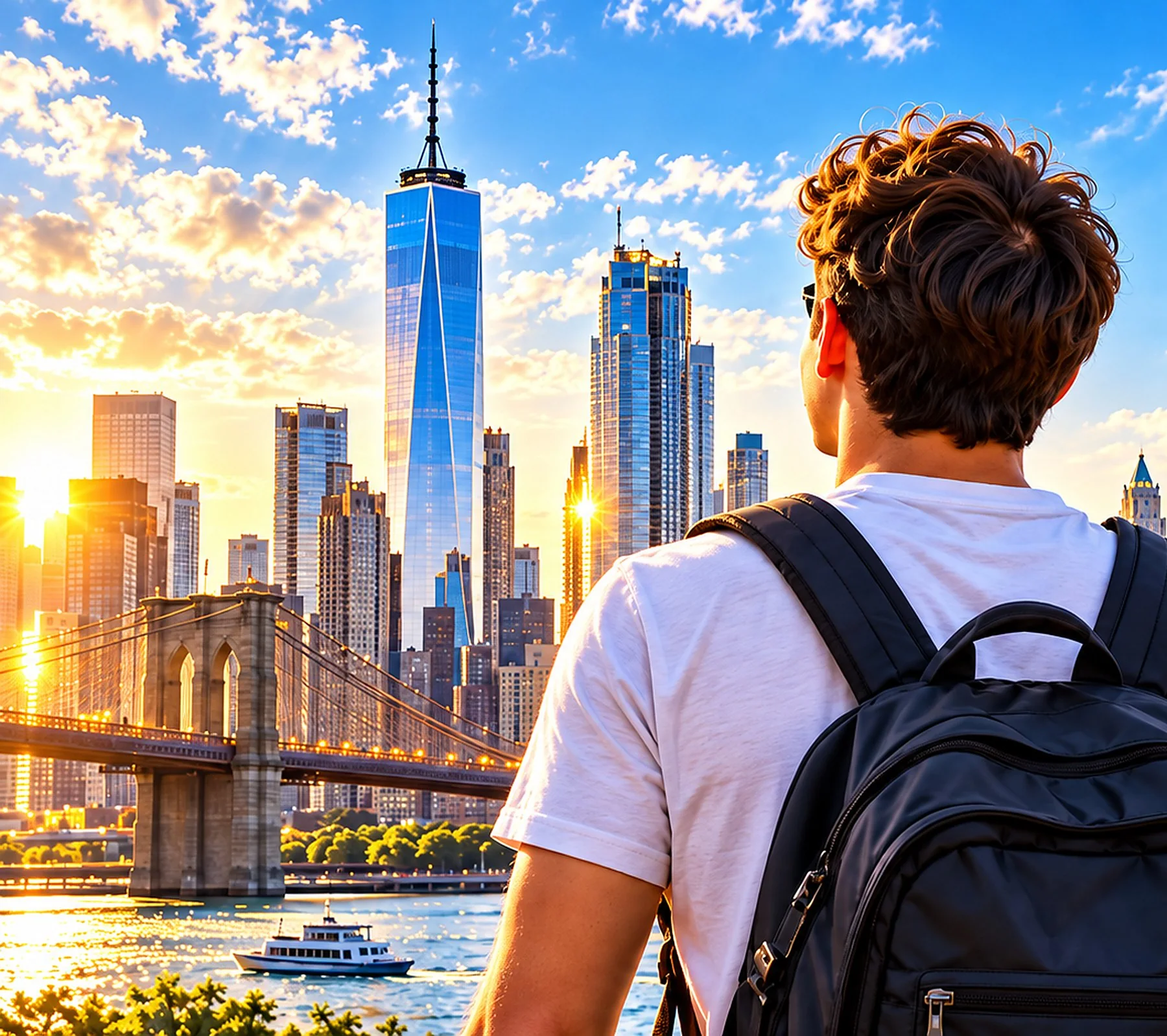 Imagen ilustrativa: un joven con mochila mira el horizonte de Nueva York al atardecer.